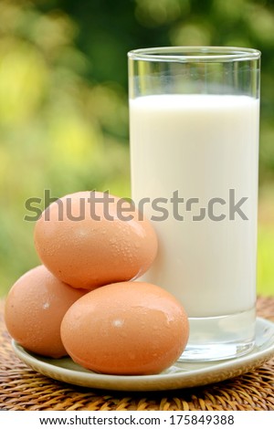 A glass of fresh milk and organic fresh eggs, simple and good protein and calcium diet source.