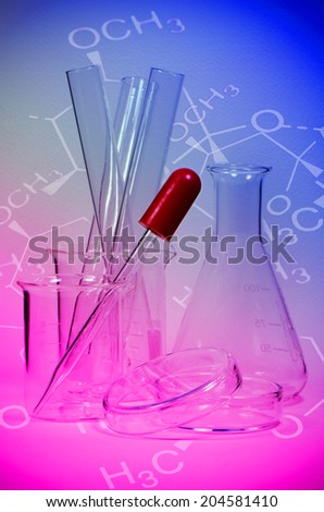 Laboratory Equipment and Medicine Chemical Structure Background in Bright Color.