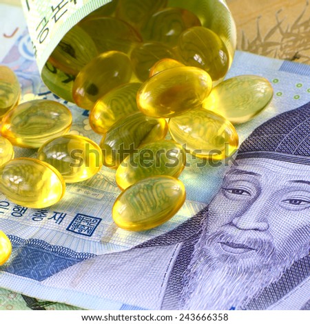 Current Use of South Korean Won Currency and Medicine in Korean Healthcare Business Concept.