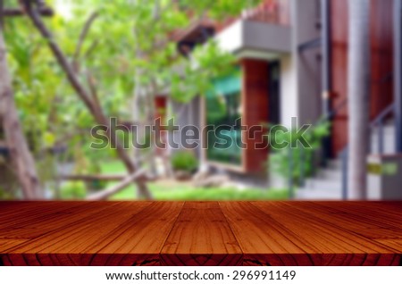 Blurred backyard garden background with perspective wood window view.