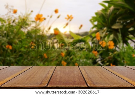 Blurred vintage backyard garden background with perspective wood window view.