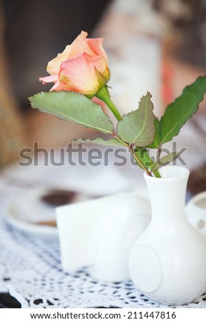 Fresh rose in white vase on table at outdoor cafe