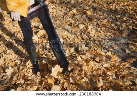 Slender legs of a teenage girl walking on yellow fallen leaves at sunny autumn day
