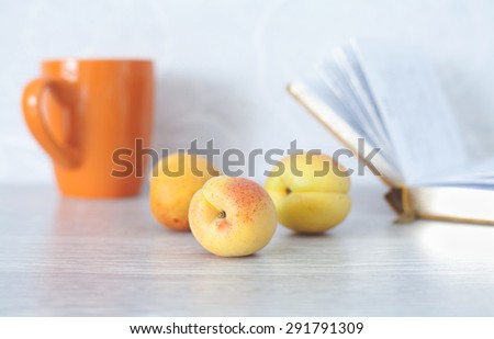 Summer set for lovers of reading. Three apricots on a gray table next to the open book and orange ceramic cup.