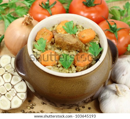 pilaf Central Asia, South Asia, the Caucasus and the Middle Eastern dish consisting of stewed meat and rice with carrots