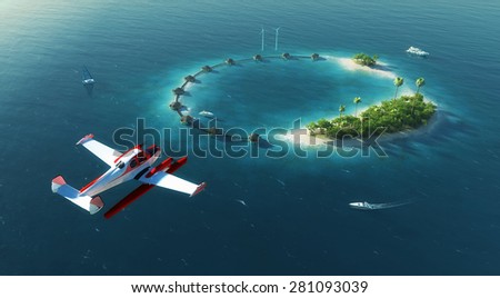 Summer tropical island. Small sea airplane flying above private paradise tropical island with wind turbines energy and  bungalows