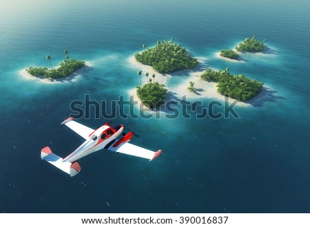 Summer tropical island. Small sea airplane flying above paradise tropical islands