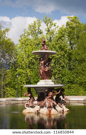 fountain with bronze sculptures in the gardens of the Royal Palace of La Granja de San Ildefonso