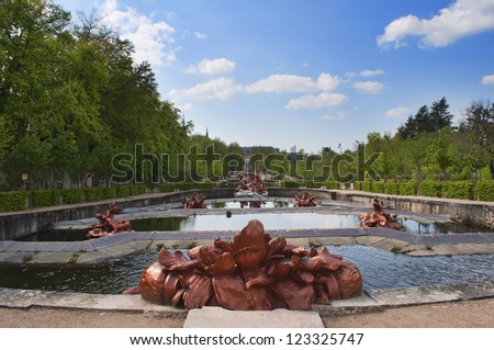 ornamental fountains and sculptures in the gardens of San Ildefonso Royal Palace, Spain