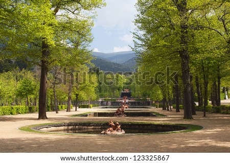 ornamental fountains and sculptures in the gardens of San Ildefonso Royal Palace, Spain