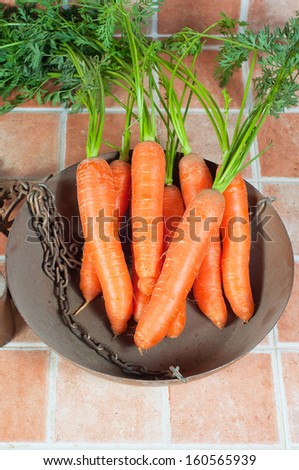 Bunch of carrots on a scale bowl, on a tile background