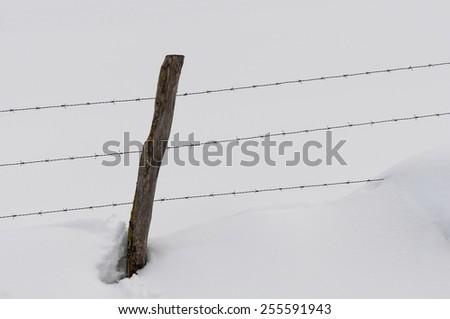 Stake and wire fence in a field covered by the snow