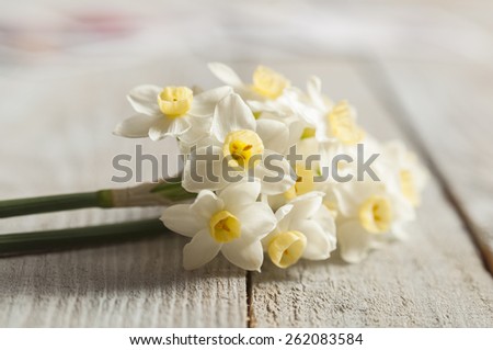 Bunch of white narcissus and printed photos on a wooden table