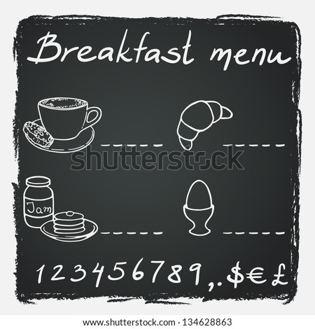 Breakfast menu with coffee cup croissant boiled egg jam and pancakes on chalkboard background Vector illustration Breakfast menu with coffee cup croissant boiled egg jam and pancakes on chalkboard background Vector illustration