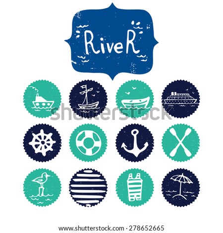 Set of hand drawn river and summer vacation doodles. Cartoon icons isolated on white background and River lettering.