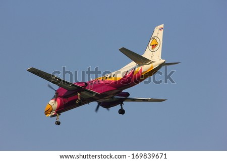 THAILAND / CHIANGMAI - JANUARY 4 2013: HS-GBG  Saab340 of Nokmini airline ( Nokair) , landing to Chiangmai airport from Maesot,Tak provice. Service short route in thailand and around.
