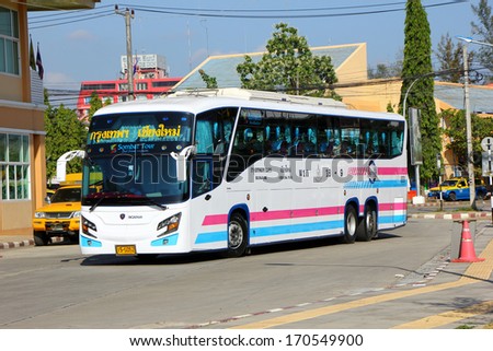 THAILAND / CHIANGMAI - NOVEMBER 4 2012: Super long 15 meter bus of Sombattour company. route Bangkok and Chiangmai. Photo at New Chiangmai bus station, thailand.
