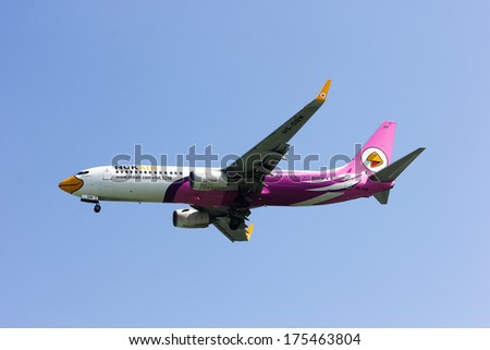 CHIANGMAI, THAILAND -JANUARY 26 2014: HS-DBM Boeing 737-800 with winglet of NokAir ( Low-cost Airline ), Landing to Chiangmai airport from Bangkok Don Muang Airport.