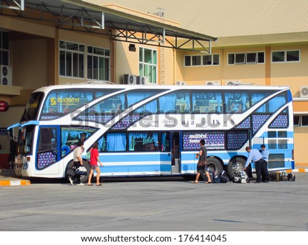 CHIANGMAI, THAILAND- APRIL 6 2012: Sombattour tour company bus route Bangkok and Chiangmai. Photo at Chiangmai bus station, thailand.
