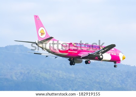 CHIANGMAI , THAILAND- JUNE  6 2007: HS-TDD Boeing 737-400 of NokAir airline ( Low-cost Airline), Landing to Chiangmai airport from Bangkok Don Muang Airport, thailand.
