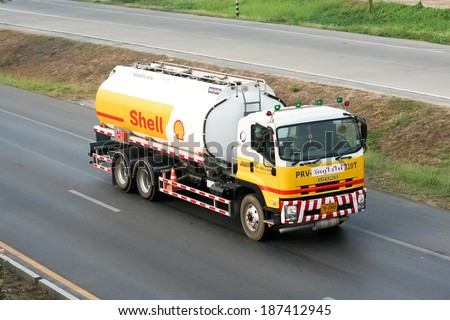 CHIANGMAI, THAILAND - OCTOBER 13 2010 : Shell Oil Truck of Pong Ra Vee Oil transport Company. Photo at Road No.11 about 5 Km from Chiangmai city.