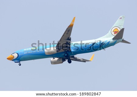 CHIANGMAI, THAILAND - APRIL 16  2014: HS-DBD  Boeing 737-800 with winglet of NokAir ( Low-cost Airline ), Landing to Chiangmai airport from Bangkok Don Muang Airport.
