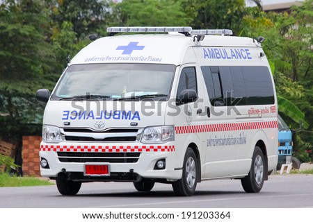 CHIANGMAI, THAILAND- MAY 6 2014: Ambulance van of Rongwuadang Subdistrict Administrative Organization.  Photo at road no.121 about 8 km from downtown Chiangmai, thailand.