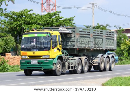 CHIANGMAI, THAILAND - MAY 25 2014 : Trailer dump truck no.3801 of stone one public company limited. Photo at road no.121 about 8 km from downtown Chiangmai, thailand.