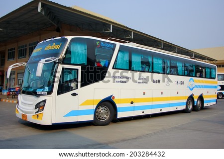 CHIANGMAI , THAILAND -APRIL 20 2014: Bus No.18-198 Super long 15 meter bus of Sombattour company. route Bangkok and Chiangmai. Photo at New Chiangmai bus station, thailand.