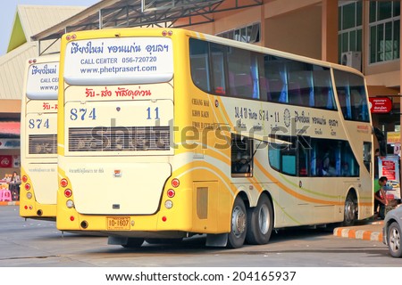 CHIANGMAI, THAILAND - APRIL 20 2014:Scania bus of Phetprasert tour company bus no.874-11. Route Ubon ratchathani and Chiangmai. Photo at Chiangmai bus station.