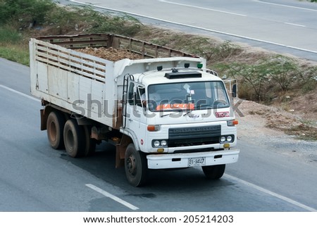 CHIANGMAI, THAILAND - APRIL 7 2008: Old Dump truck of D.Vichian company. Photo at Road No.11 about 5 Km from Chiangmai city.