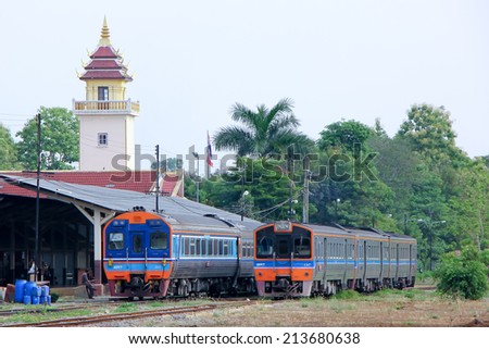 CHIANGMAI, THAILAND - MAY 19 2013: 2 Generation diesel railcar, left is daewoo from korea and right is thn from japan. Photo at Chiangmai railway station. thailand.