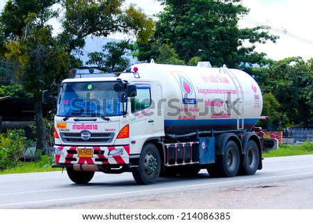 CHIANGMAI , THAILAND - AUGUST 22 2014:  Chiangrai Gas supply Company Truck. For PTT LPG Gas. Photo at road no 121 about 8 km from downtown Chiangmai, thailand.