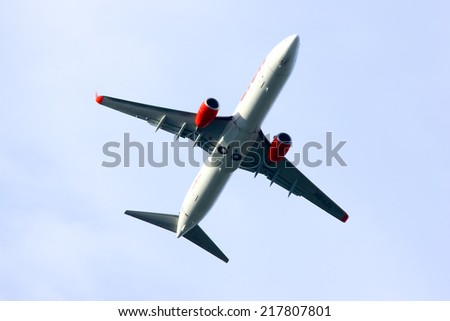 CHIANGMAI , THAILAND - SEPTEMBER 8 2014: HS-LTI Boeing 737-900ER of Thai lion air airline , Take off from Chiangmai airport to Bangkok Don Muang Airport, thailand.