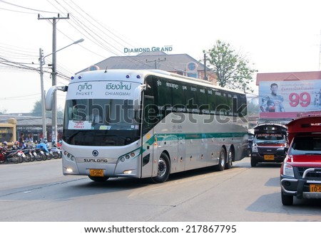 CHIANGMAI , THAILAND - MARCH 20 2013: Sunlong Bus of Green bus Company (14.5 Meter). Between Chiangmai and Phuket.Photo at Chiangmai bus station, thailand.