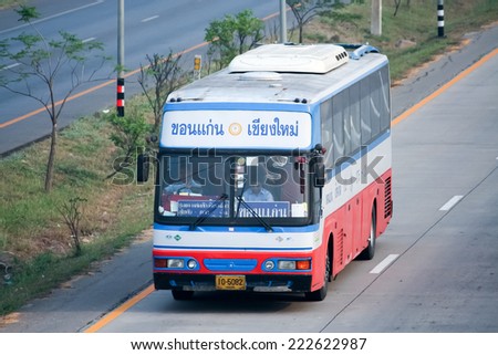 CHIANGMAI, THAILAND-APRIL 13 2010: Phuluang tour company bus no.175-23 route Khonkaen and Chiangmai. Photo at road no.11 about 6 km from downtown Chiangmai, thailand.