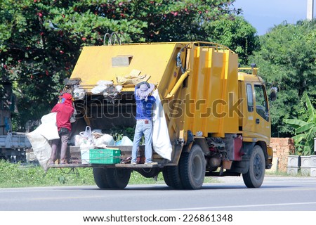 CHIANGMAI, THAILAND -OCTOBER 19 2014: Garbage truck of Nongjom Subdistrict Administrative Organization. Photo at road no 121 about 8 km from downtown Chiangmai, thailand.