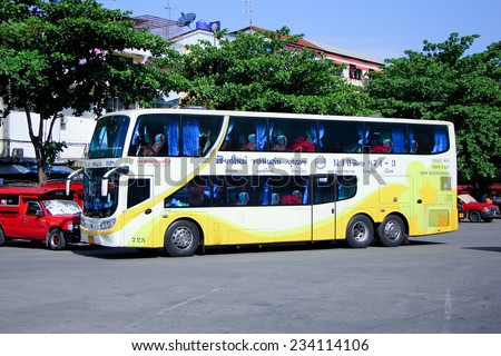 CHIANGMAI, THAILAND - MAY 11  2014: Scania bus of Phetprasert tour company bus no.874-3. Route Ubon ratchathani and Chiangmai. Photo at Chiangmai bus station.