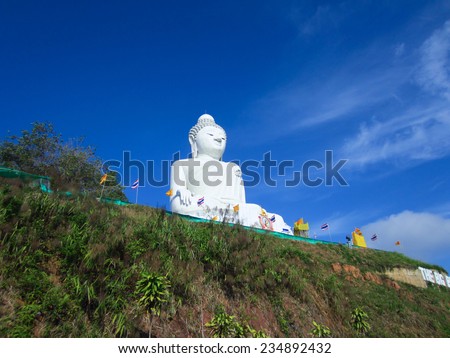 PHUKET, THAILAND - MARCH 13 2012: The marble statue of Big Buddha. The construction is made only on donations. Phuket island, Thailand.