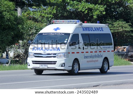 CHIANGMAI, THAILAND - NOVEMBER 11 2014:  Ambulance van of Thanyarak Hospital ( Drug Dependence Treatment Center ). Photo at road no.121 about 8 km from downtown Chiangmai, thailand.