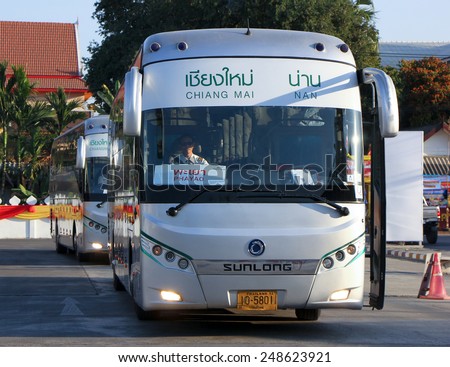 CHIANGMAI , THAILAND -FEBRUARY  5 2014:  Sunlong Bus of Green bus Company. Between Chiangmai and Thungchang (Nan). Photo at Chiangmai bus station, thailand.