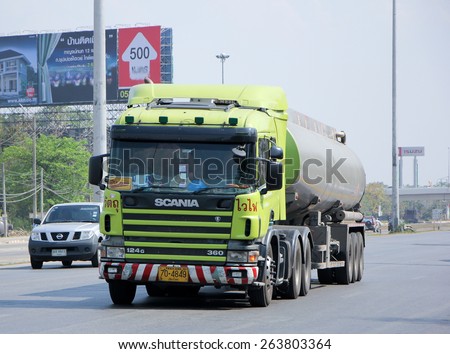 CHIANGMAI, THAILAND - MARCH  4 2015: Oil Truck of P2 Oil transport Company. Photo at Road No.11 about 5 Km from Chiang mai city.