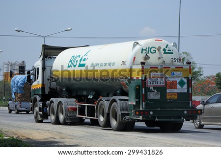 CHIANGMAI , THAILAND -APRIL 30 2015: Gas Trailer truck of Bangkok Industrial Gas Company. Photo at road no.121 about 8 km from downtown Chiangmai, thailand.