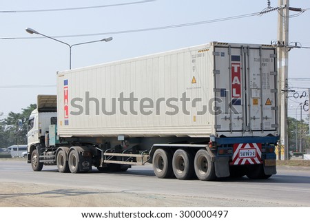 CHIANGMAI , THAILAND- FEBRUARY 5 2015: Container Cargo Trailer truck of Perfect Trailer Transport Company. Photo at road no 121 about 8 km from downtown Chiangmai, thailand.
