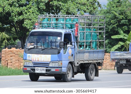 CHIANGMAI, THAILAND -AUGUST 8 2015:  Gas truck of PTT gas company. Photo at road no 121 about 8 km from downtown Chiangmai, thailand.