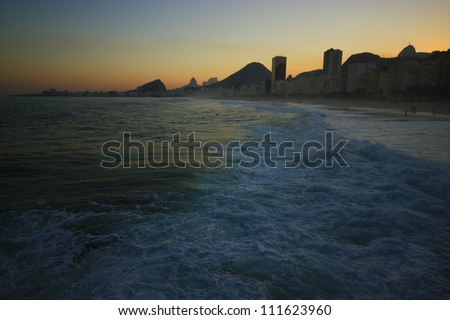 Colorful sunset in Rio de Janeiro from Copacabana beach, Brazil, south America.