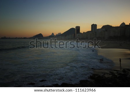Romantic sunset from Copacabana beach in spectacular capital Rio de Janeiro, Brazil, south America.