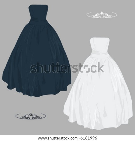 stock vector : Vector ball gown/wedding dress and tiaras, dark and light colours, Easily editable.
