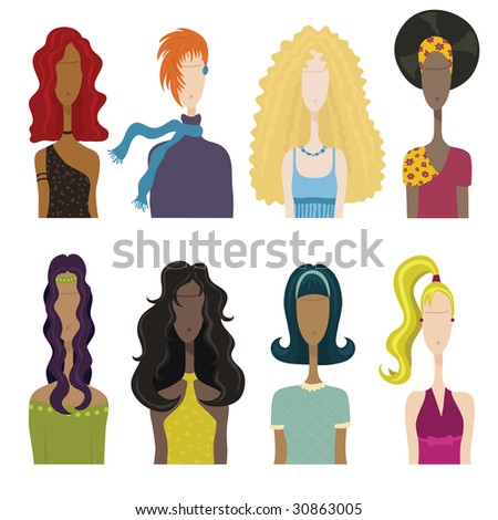 stock vector : A collection of women with different hairstyles and outfits.