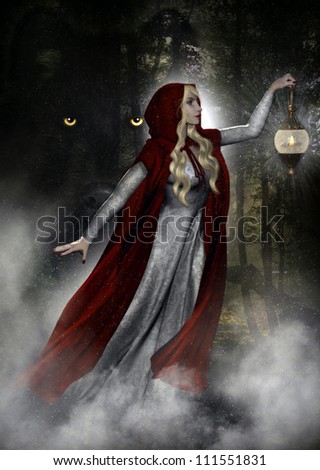 3D illustration of a female wearing a long gown and dark red hooded cloak carrying a lantern walking through the forest.  Behind her is a wolf with big yellow piercing eyes.